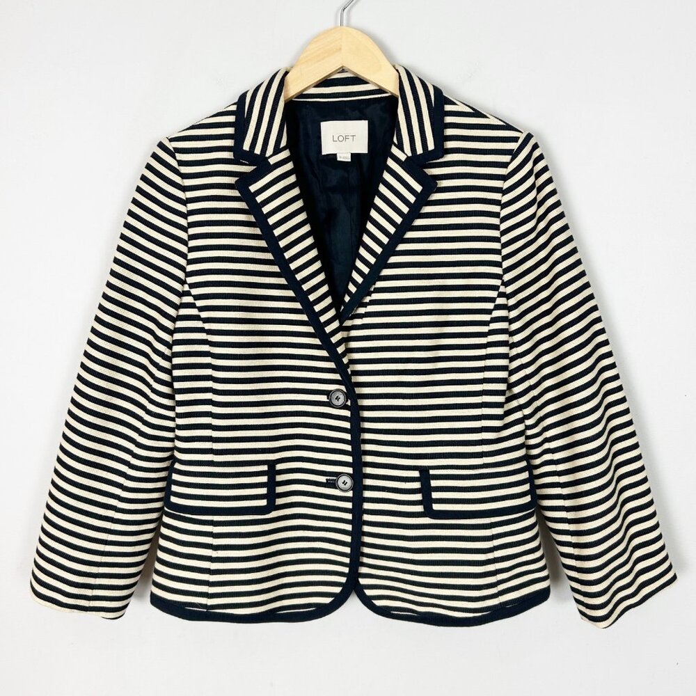 Loft Navy & Tan Striped Blazer Jacket Preppyโ Classic Size 10 Women's